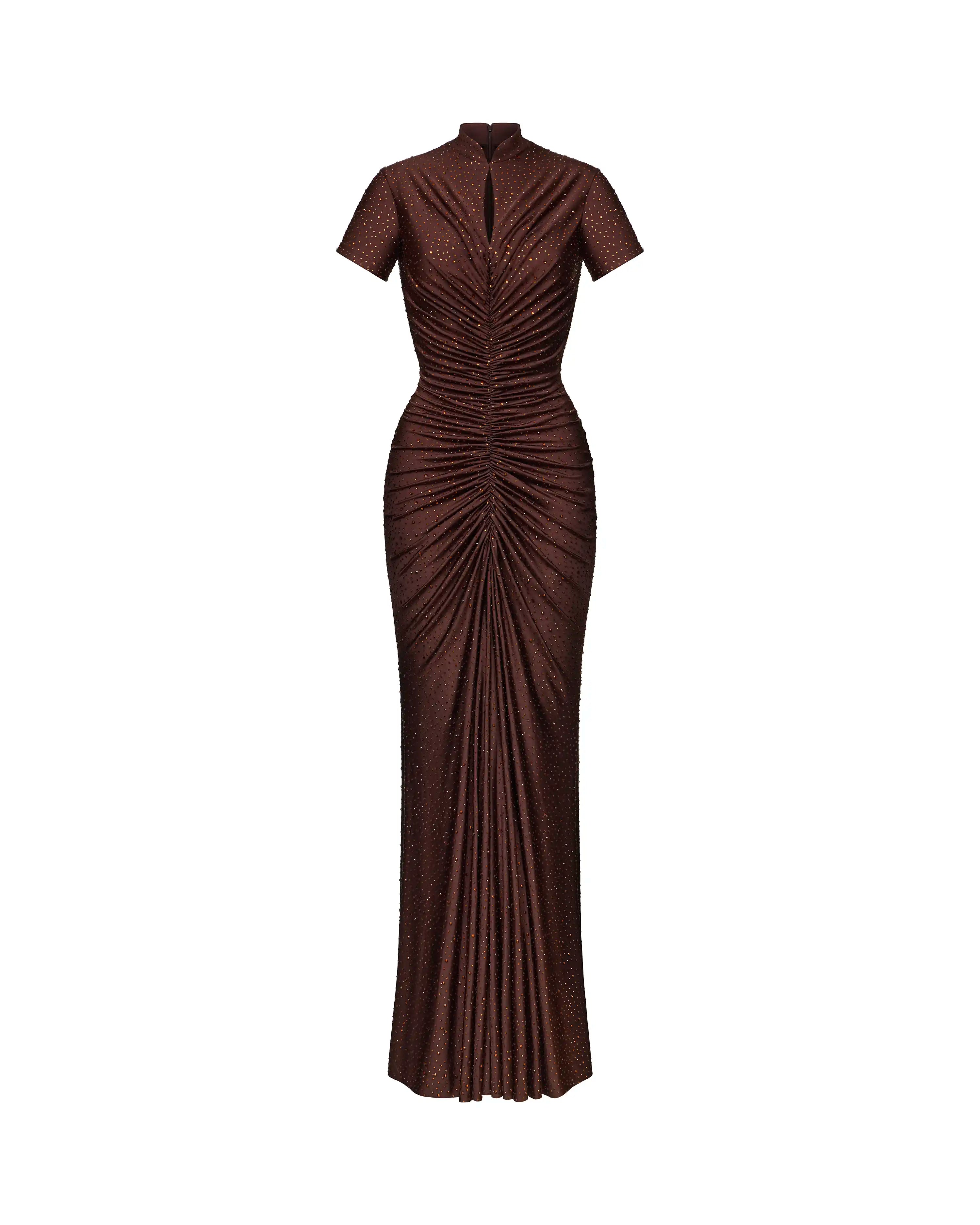 Amanda, chocolate biflex maxi dress embellished with rhinestones