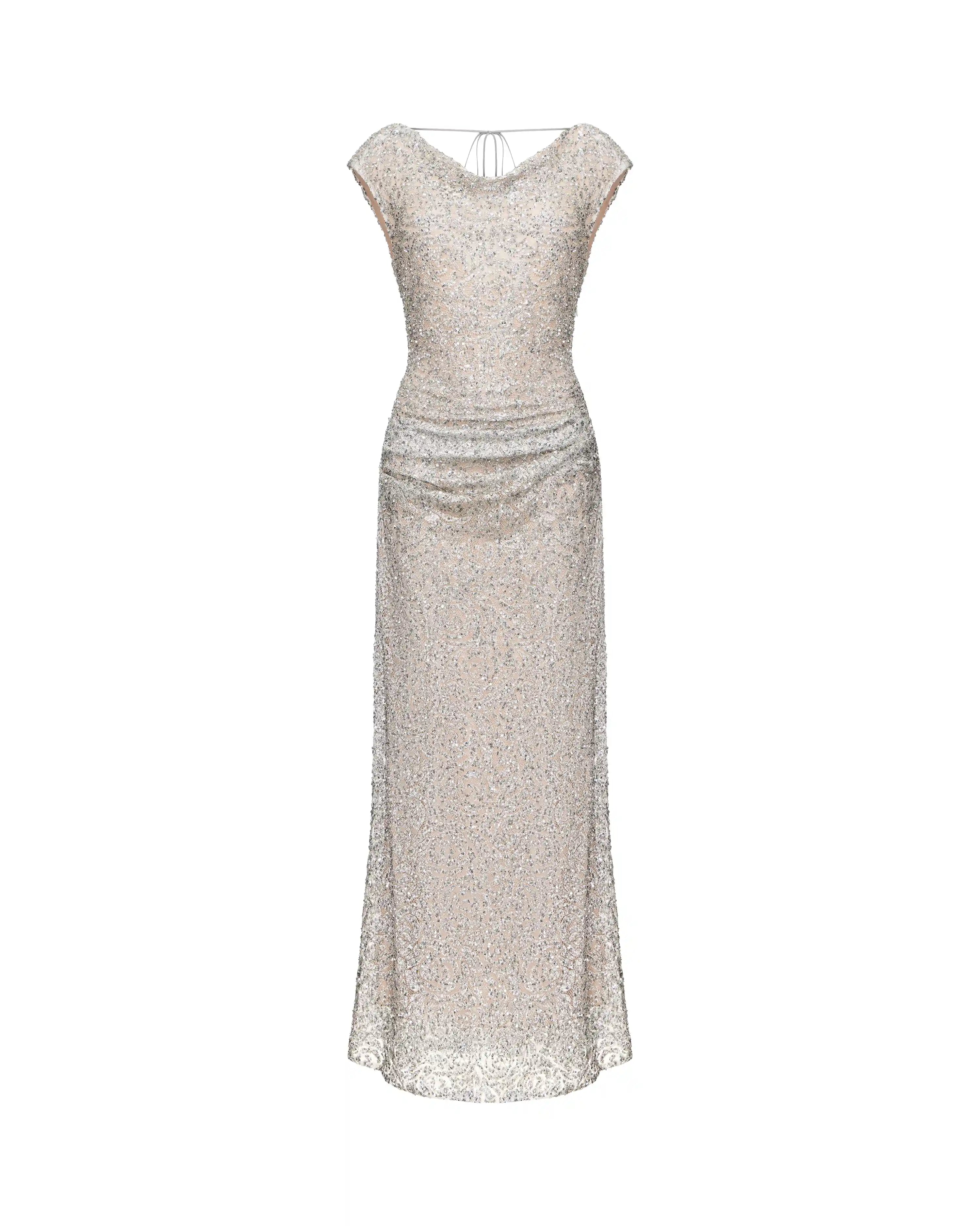 Lucy maxi, maxi dress made of grey lace with sequins