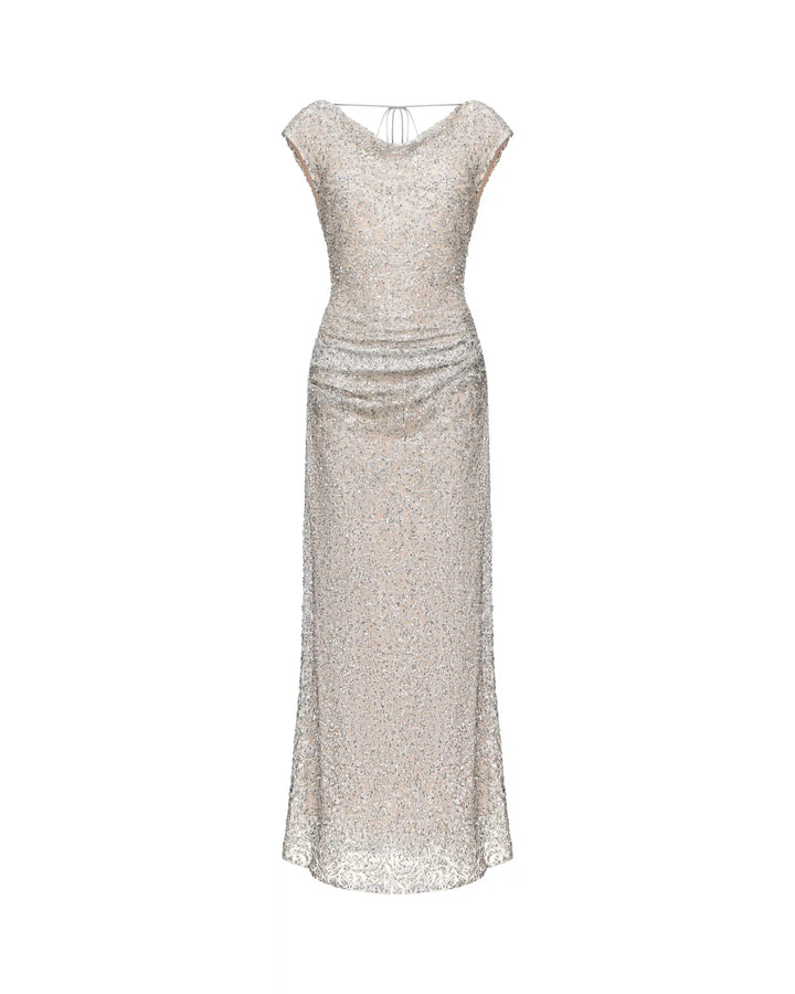 Lucy maxi, maxi dress made of grey lace with sequins