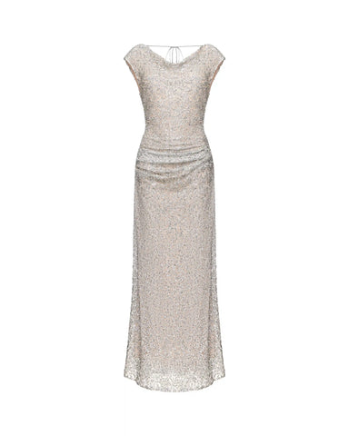 Lucy maxi, maxi dress made of grey lace with sequins