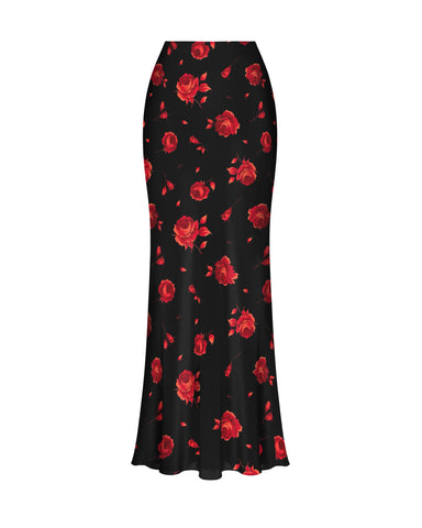 Kerelin maxi, black satin maxi skirt with a floral print