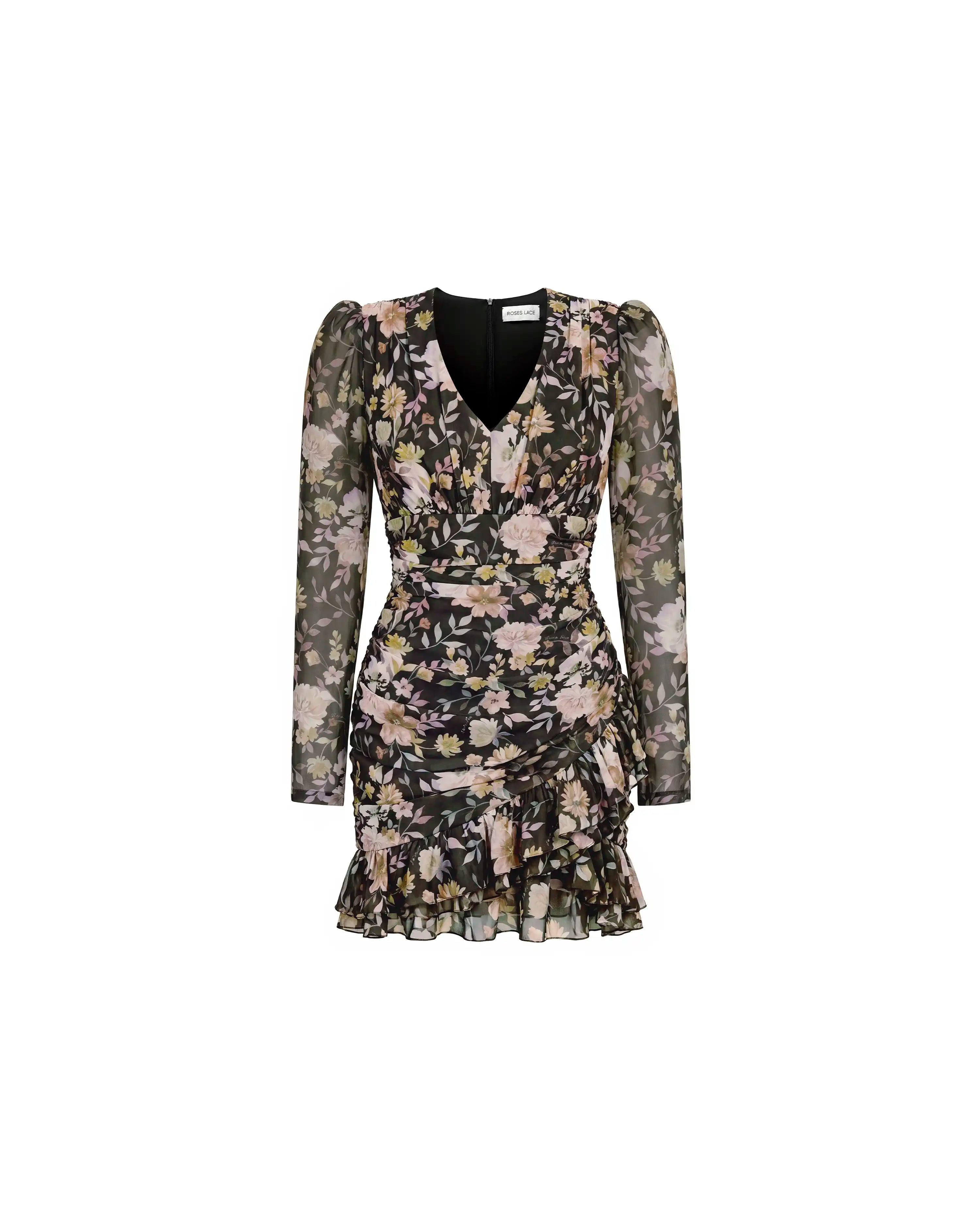 Josephine sleeves, mini dress with long sleeves made of black chiffon with floral print