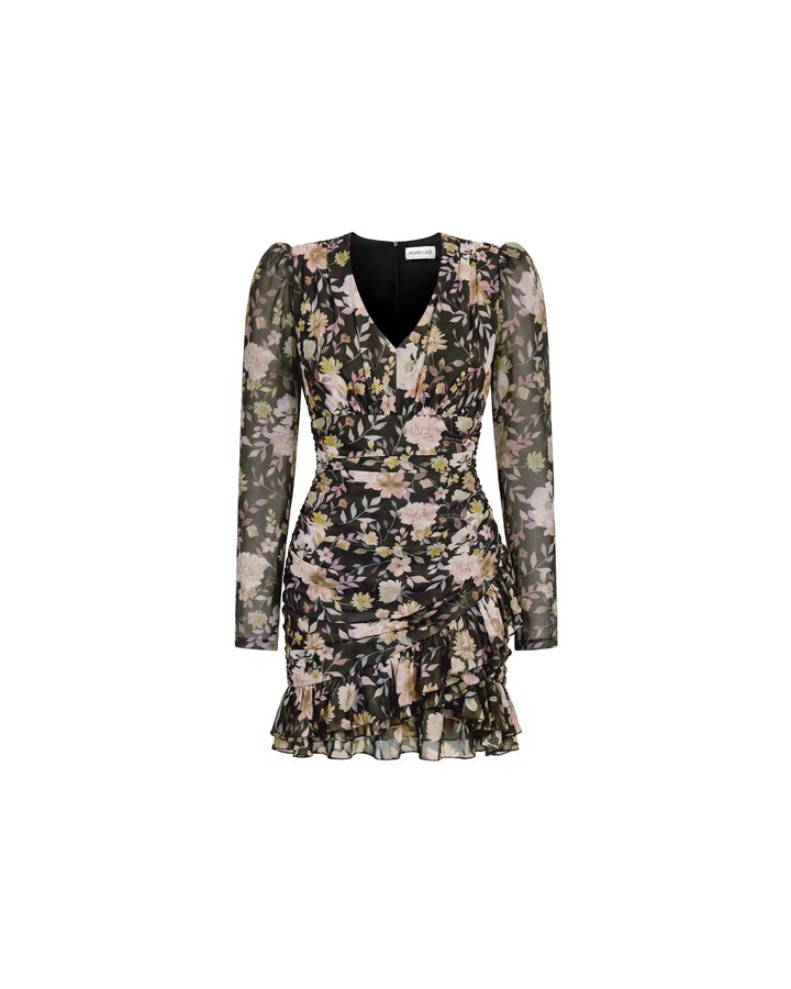 Josephine sleeves, mini dress with long sleeves made of black chiffon with floral print