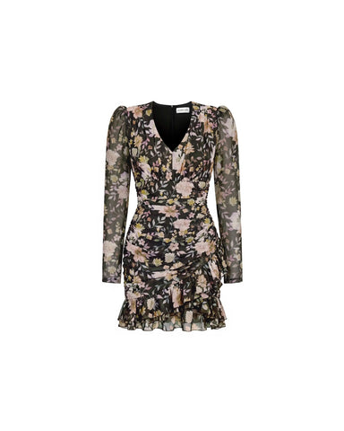 Josephine sleeves, mini dress with long sleeves made of black chiffon with floral print