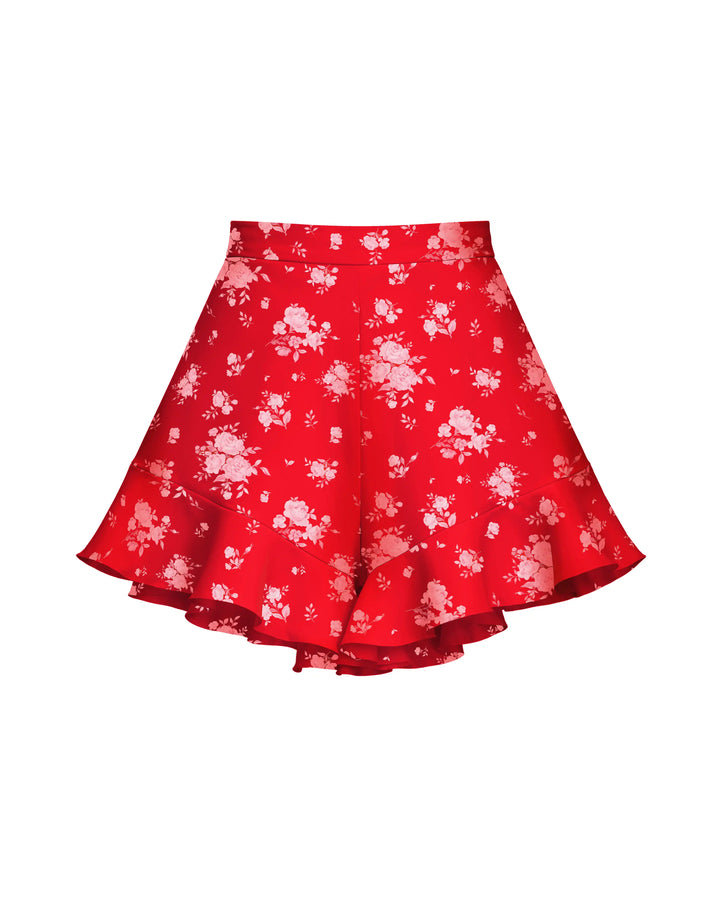 Audrie, red crepe de chine shorts with floral print