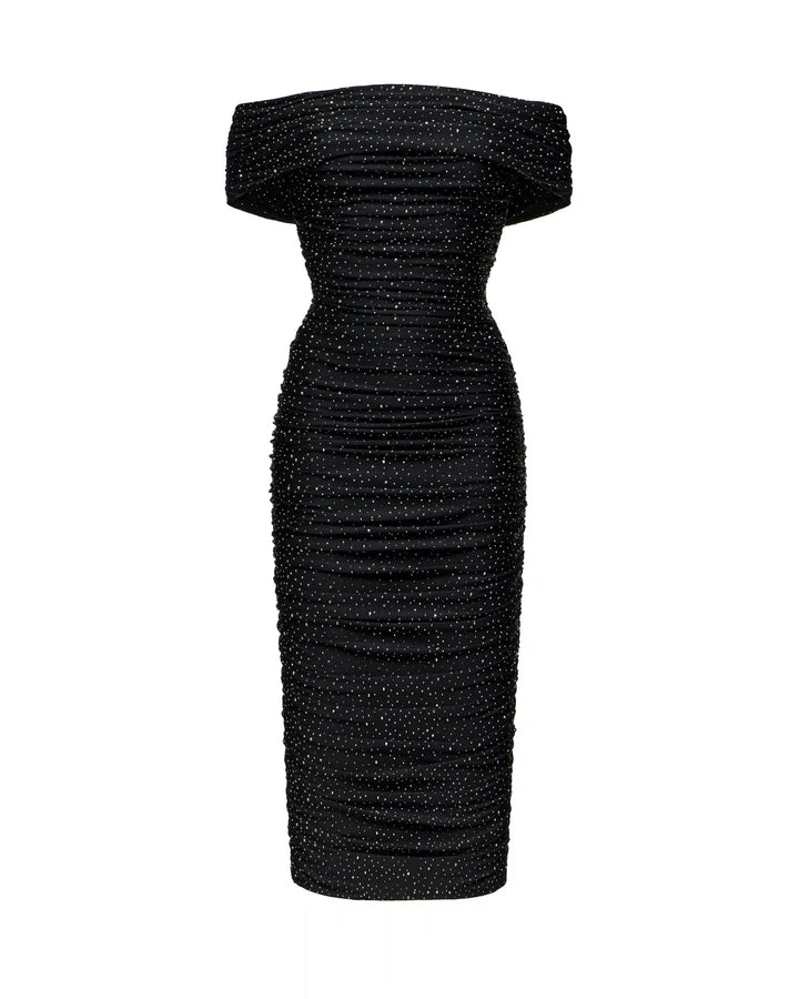 Iren midi, draped midi dress made of black biflex with rhrinestones