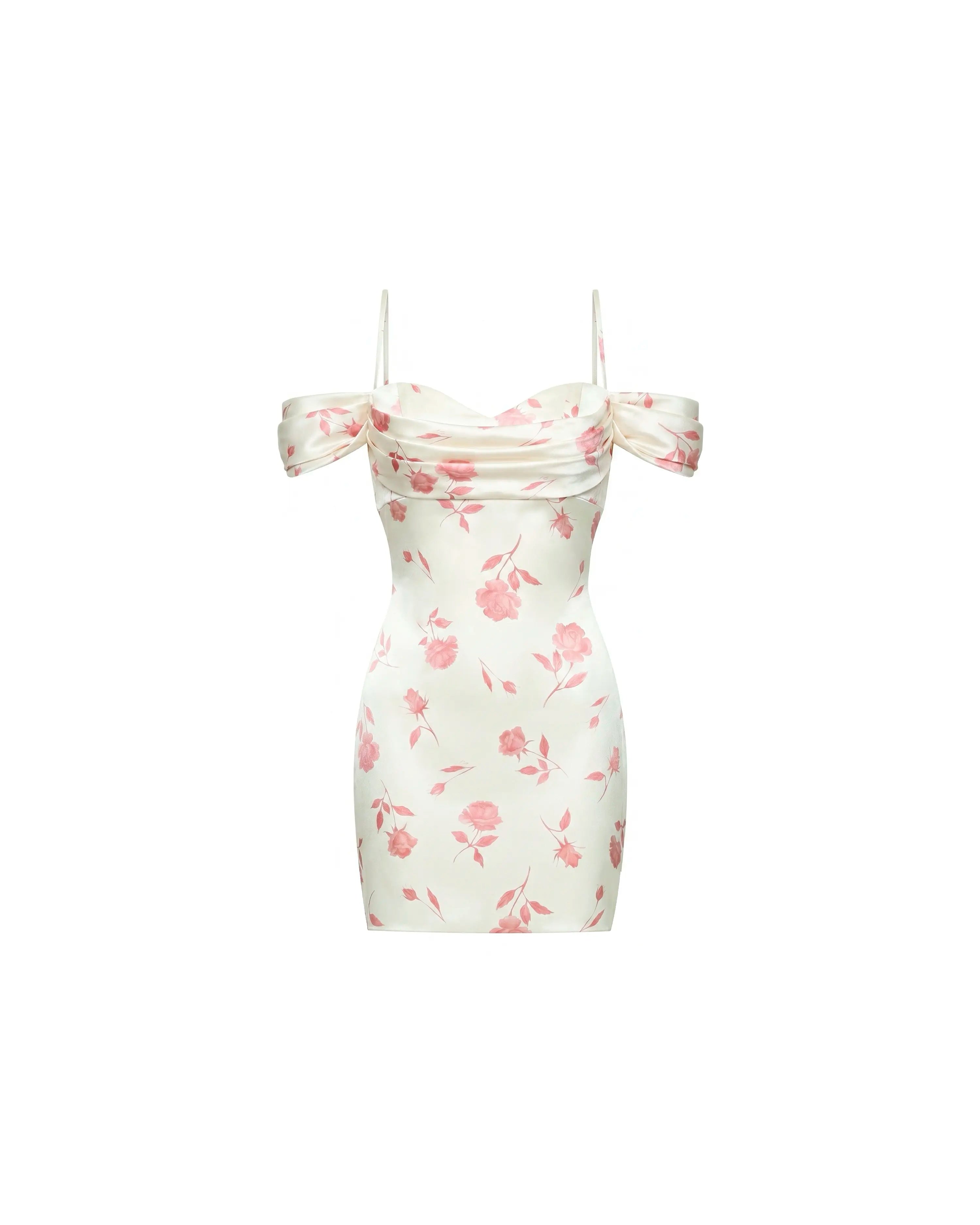Marlen mini, ivory satin mini dress with medium light pink flowers