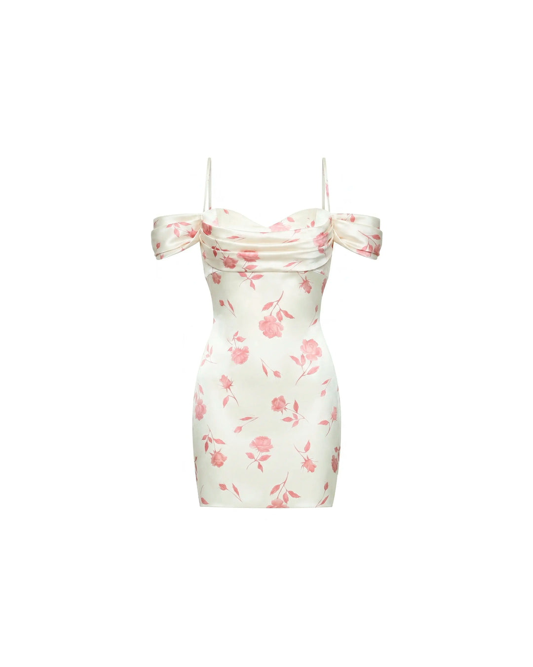 Marlen mini, ivory satin mini dress with medium light pink flowers