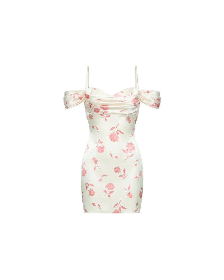 Marlen mini, ivory satin mini dress with medium light pink flowers