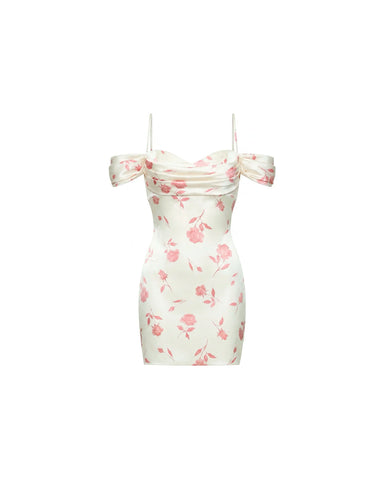 Marlen mini, ivory satin mini dress with medium light pink flowers