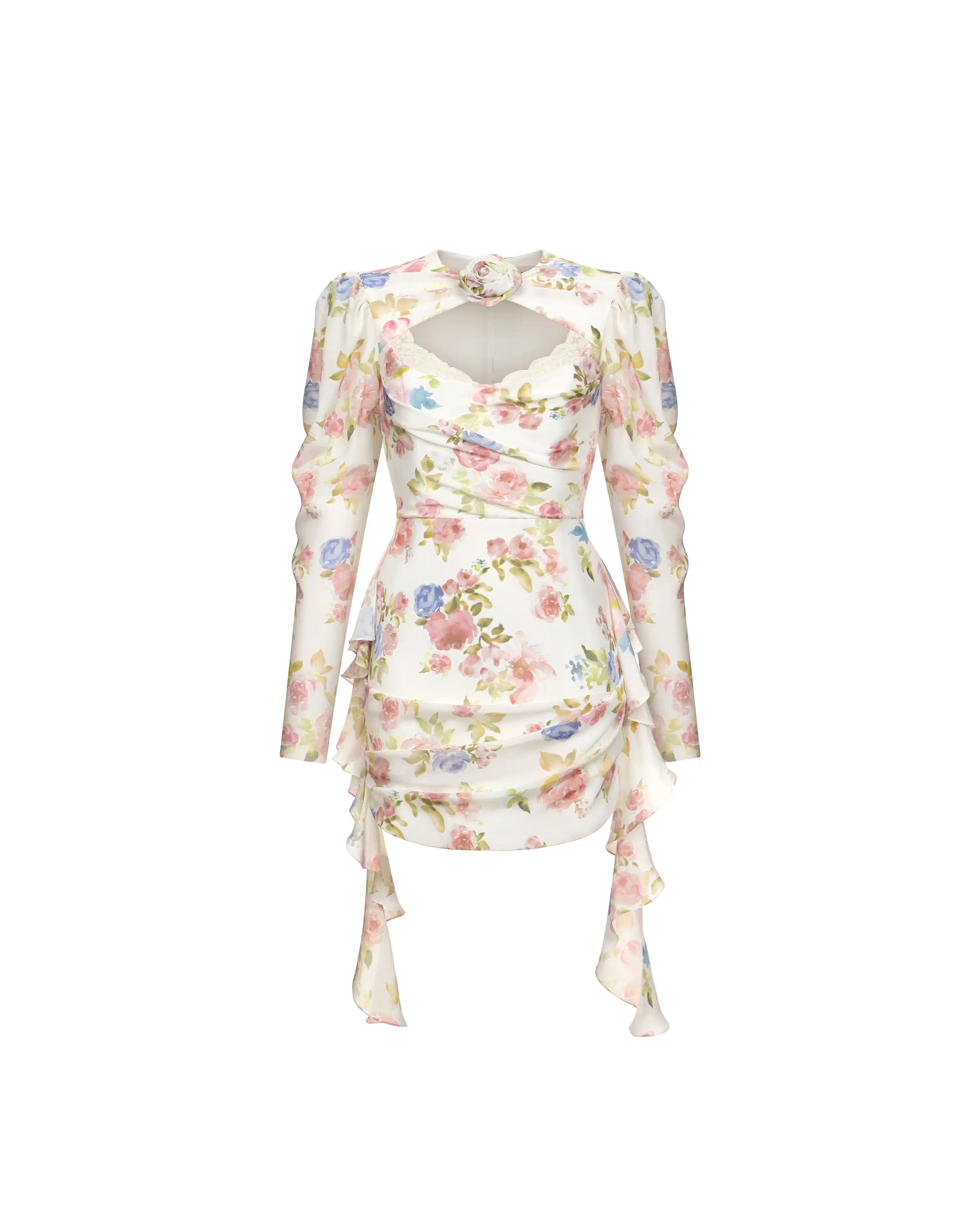 Macy mini, milky crepe de chine mini dress with a floral print