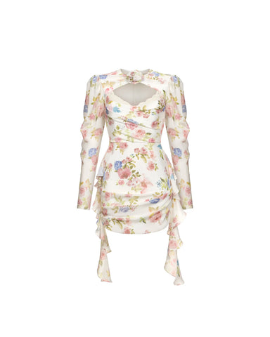 Macy mini, milky crepe de chine mini dress with a floral print
