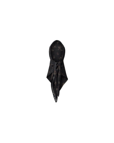 Leticia, black crepe de chine headscarf with brown flowers