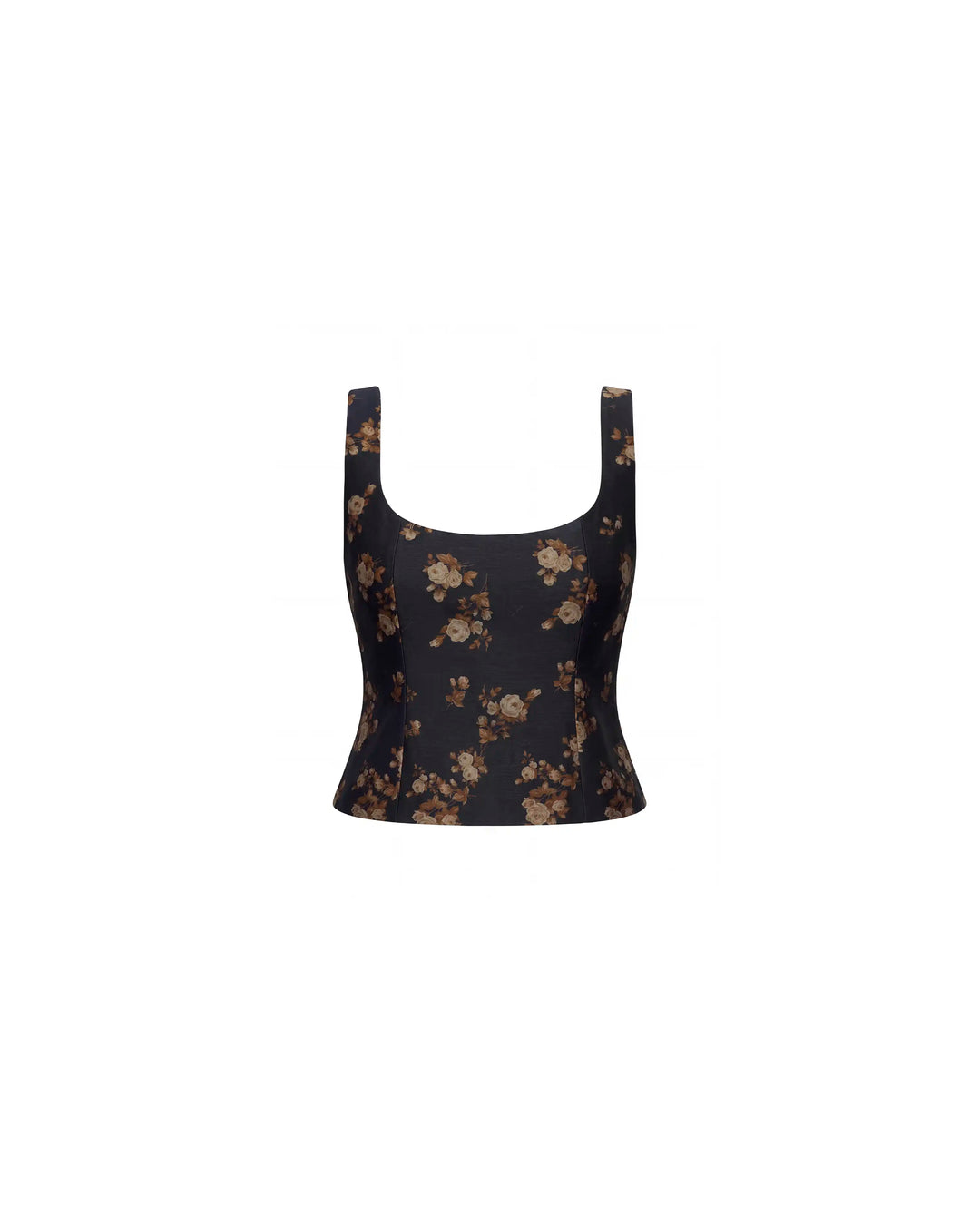 Lee top, black taffeta top with brown flowers