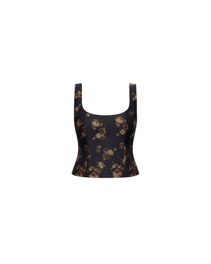 Lee top, black taffeta top with brown flowers