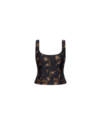 Lee top, black taffeta top with brown flowers