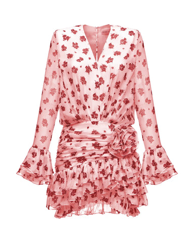 Mira mini, light pink chiffon mini dress with a floral print and a rose