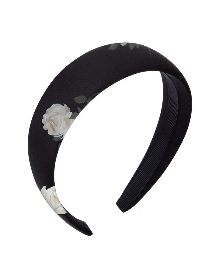 Noelia, headband made of black crepe de chine with floral print