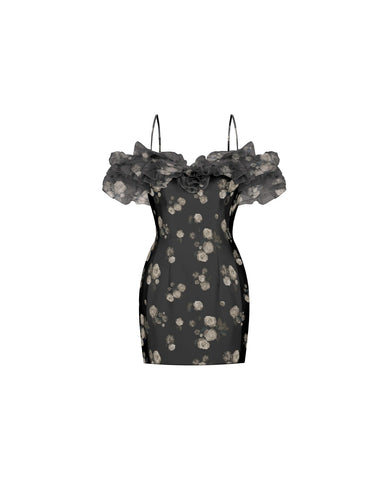 May mini, mini dress in black organza with a floral print