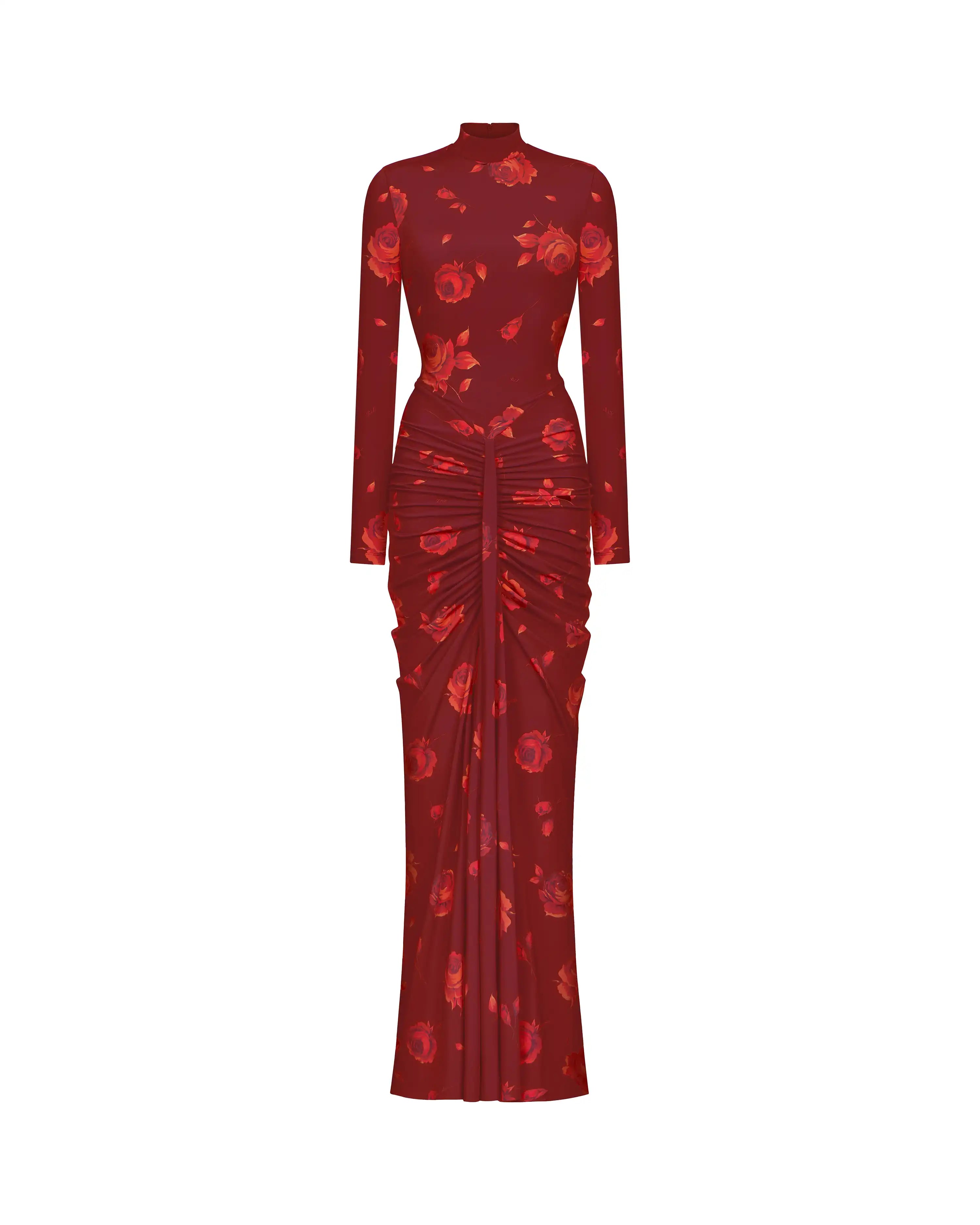 Ivy sleeves, burgundy biflex maxi dress with a floral print