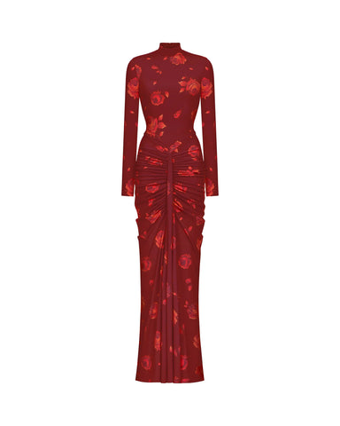 Ivy sleeves, burgundy biflex maxi dress with a floral print