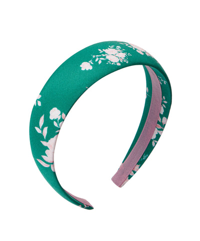 Noelia, wide green crepe de chine headband with medium light pink flowers