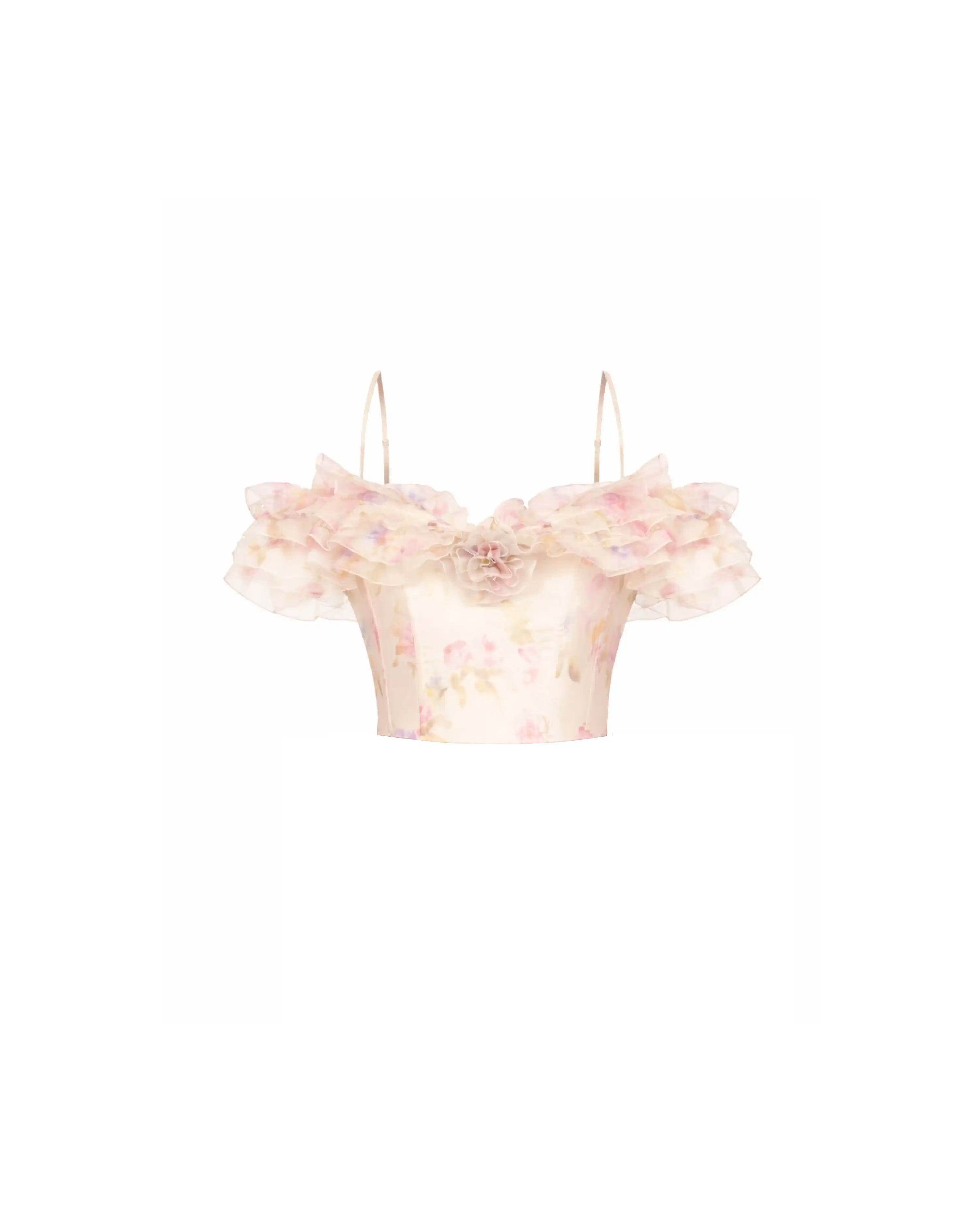 May, top made of milk organza with a floral print