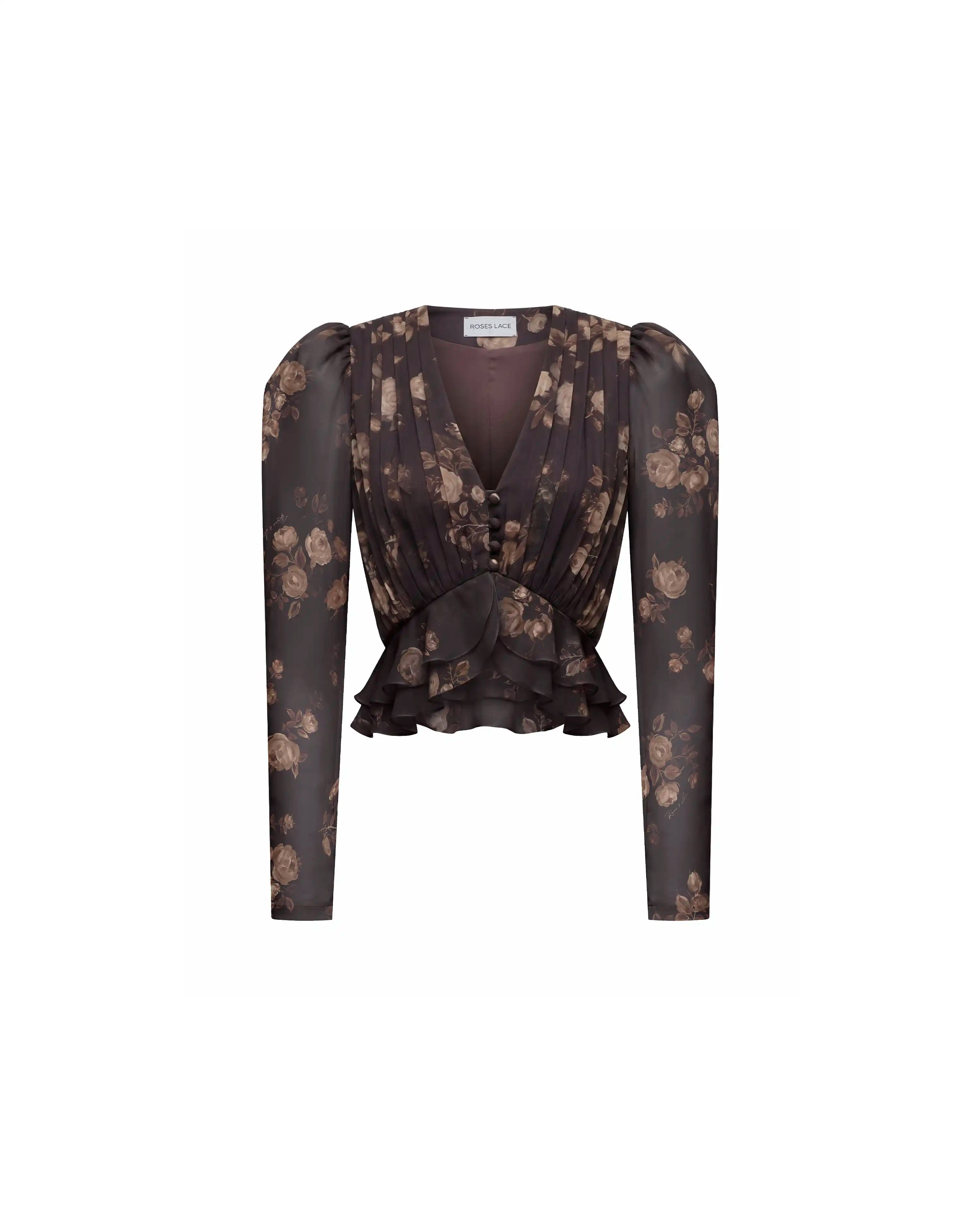 Carolina, chocolate chiffon blouse with beige flowers