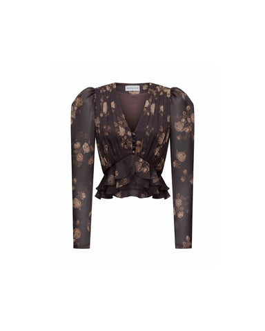 Carolina, chocolate chiffon blouse with beige flowers