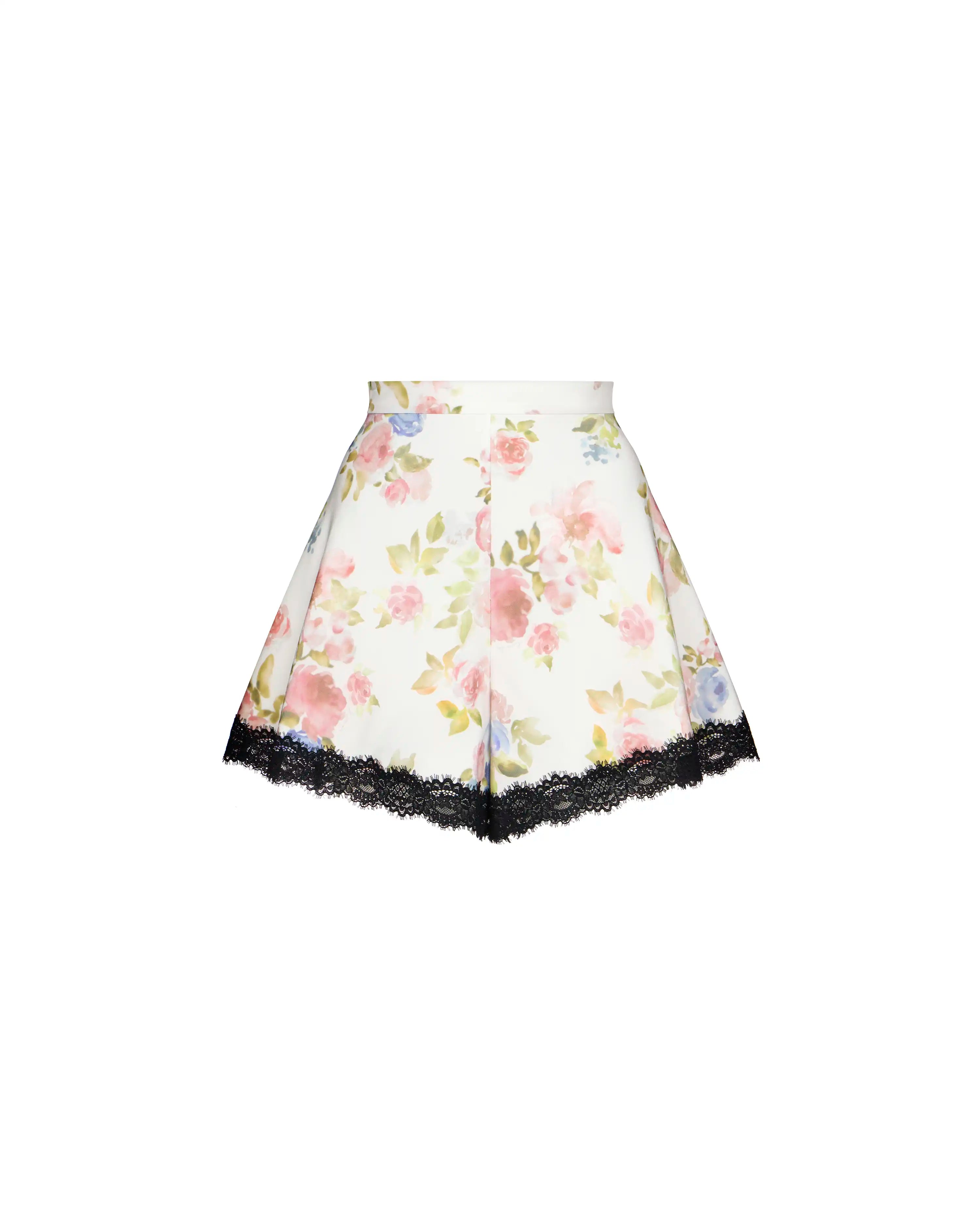 Audrie, milky crepe de chine ruffled shorts with a floral print and black lace trim