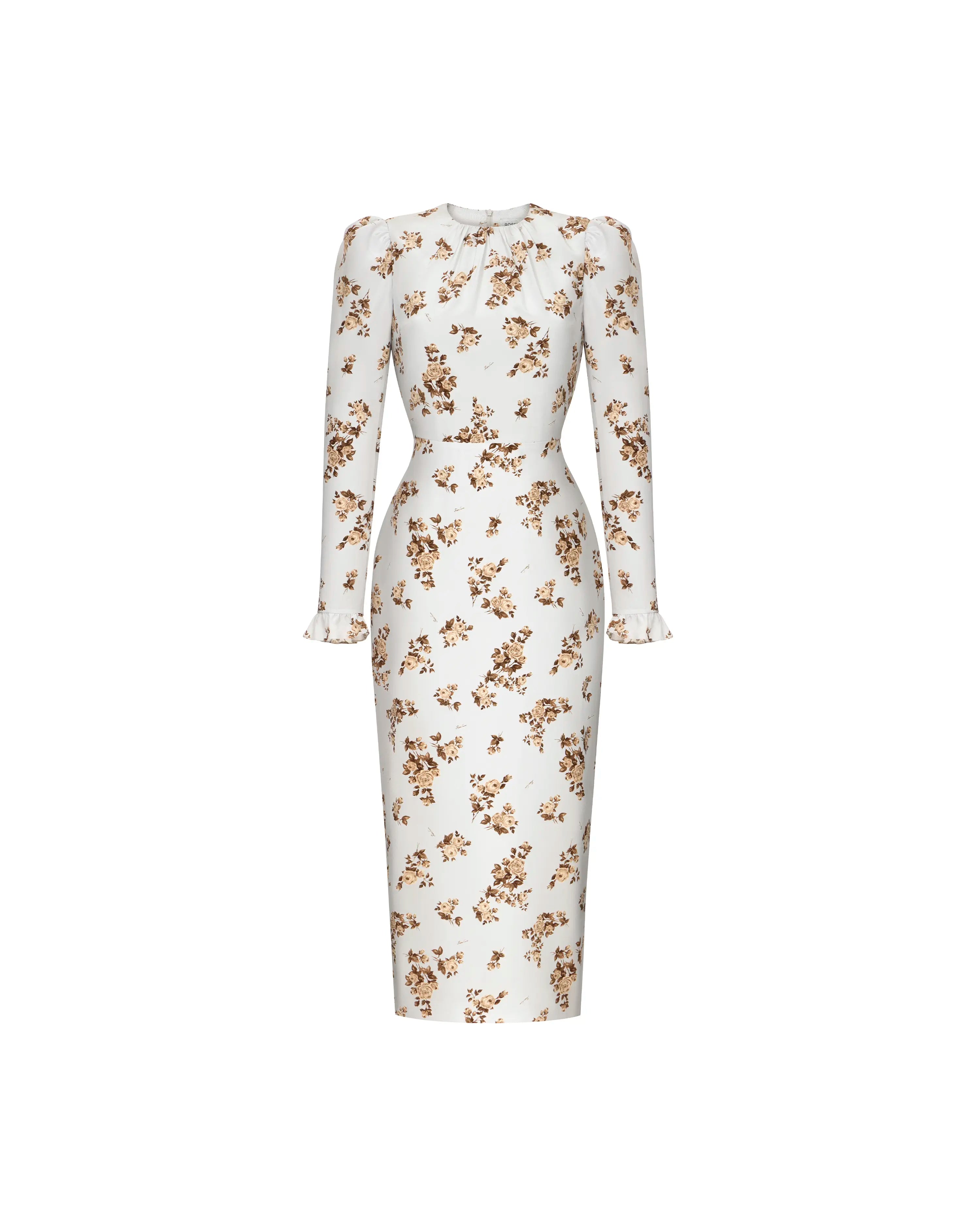 Charlotte midi, milky crepe de chine midi dress with brown flowers