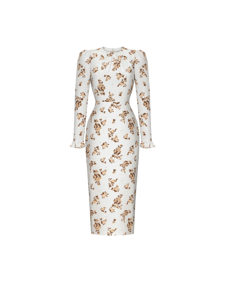 Charlotte midi, milky crepe de chine midi dress with brown flowers