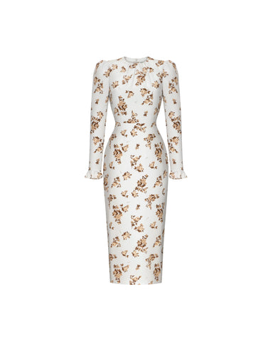 Charlotte midi, milky crepe de chine midi dress with brown flowers