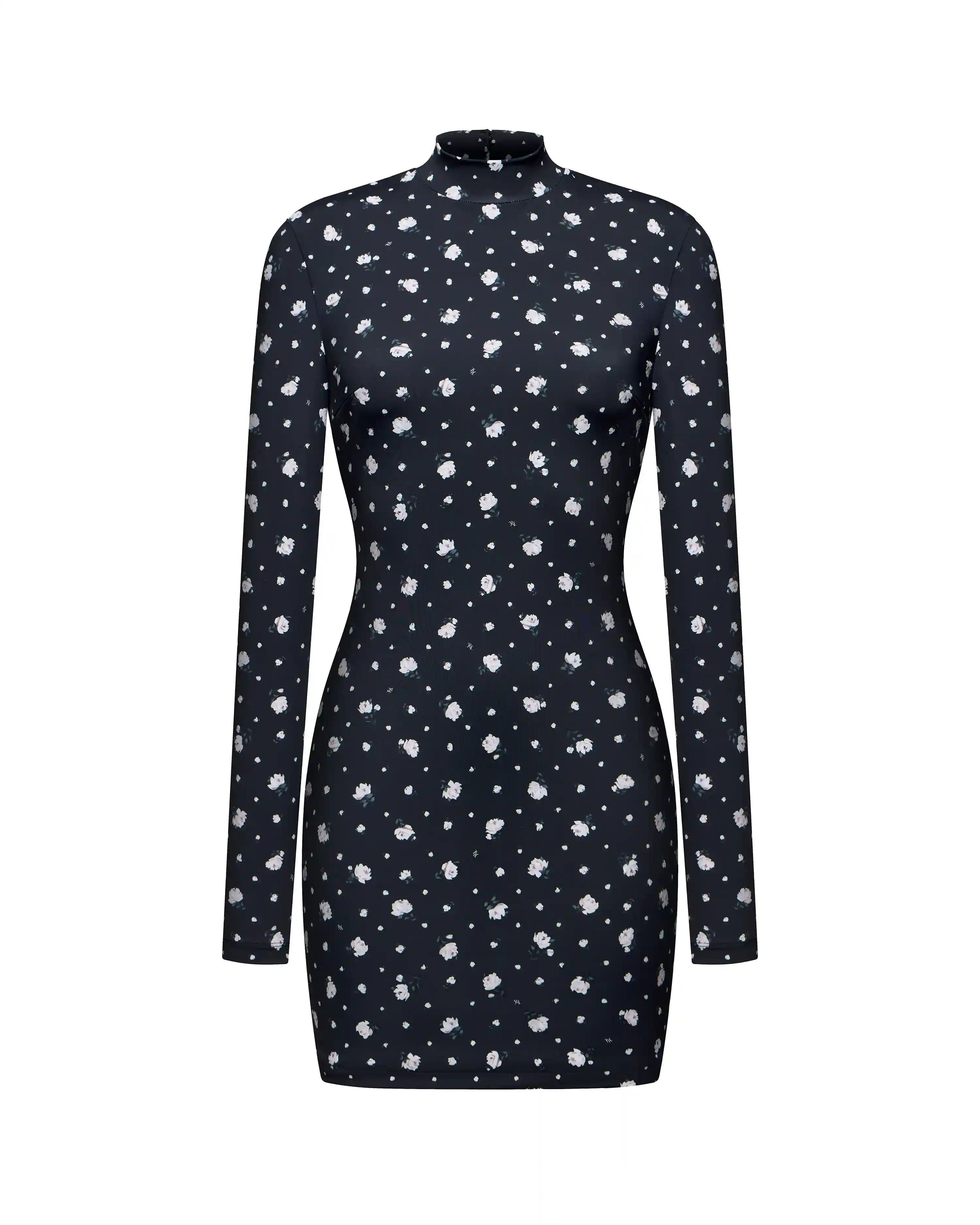 Muna mini, mini dress with long sleeves made of black biflex with small floral print