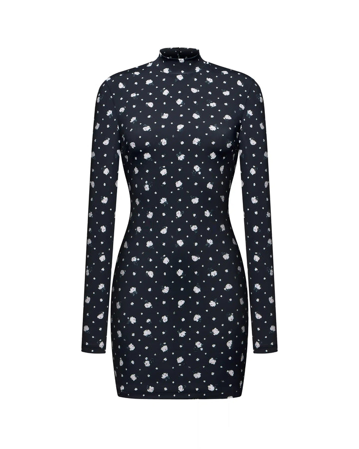 Muna mini, mini dress with long sleeves made of black biflex with small floral print
