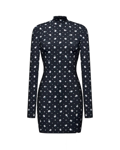 Muna mini, mini dress with long sleeves made of black biflex with small floral print