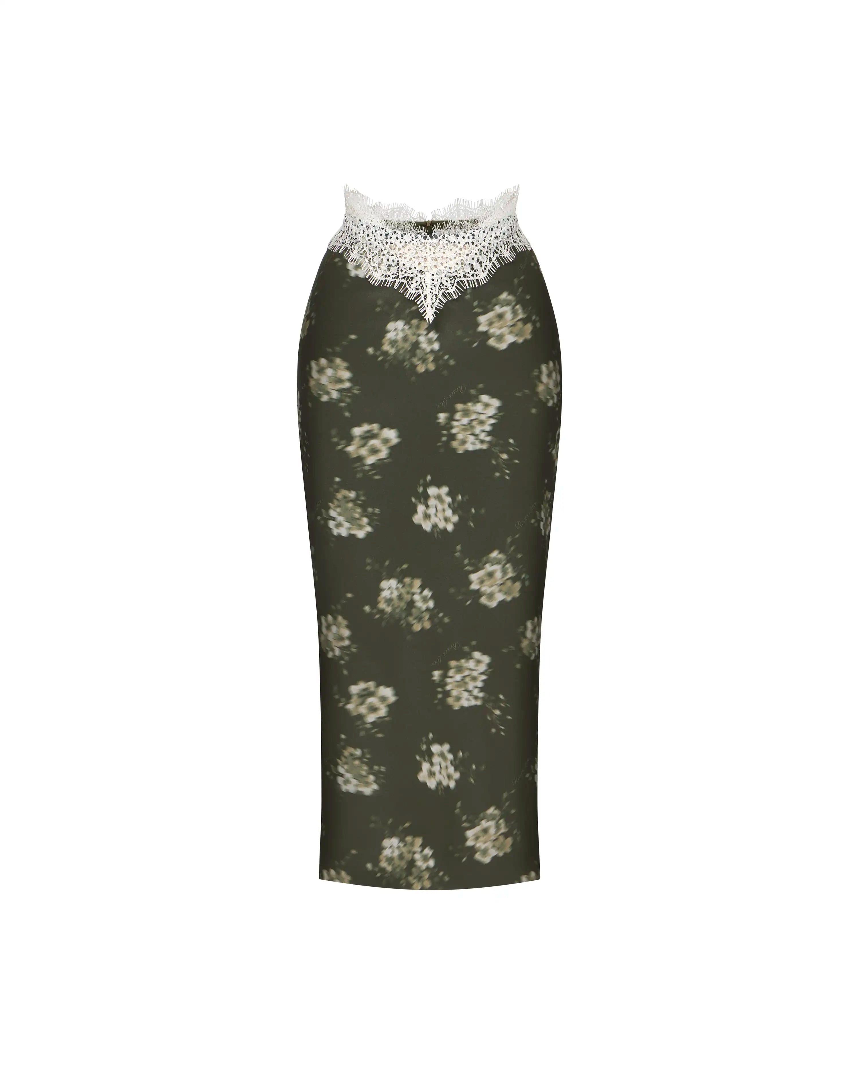 Faria midi, khaki crepe de chine midi skirt with ivory flowers