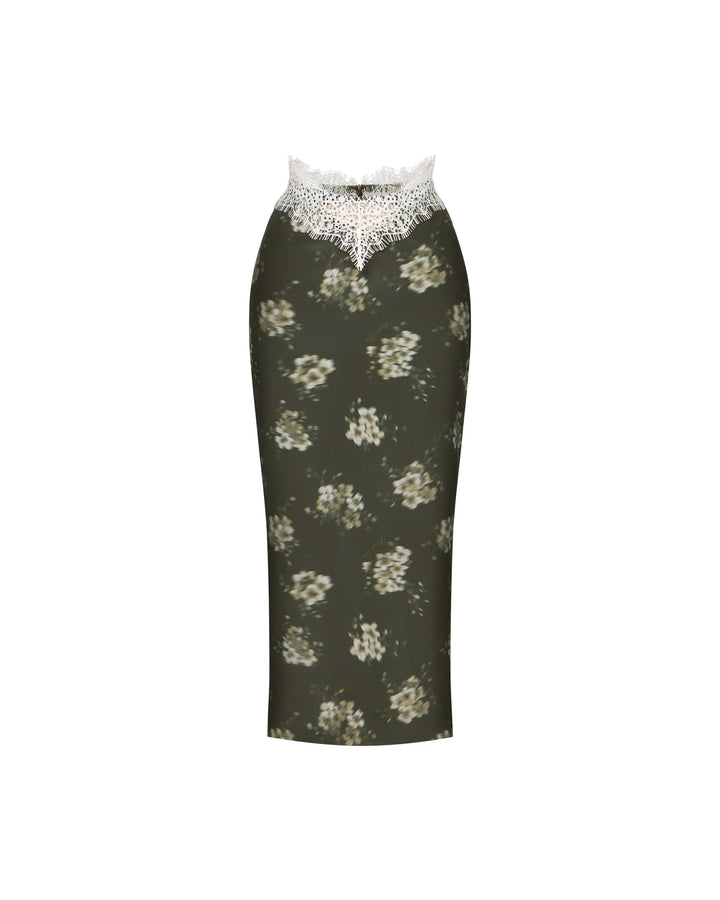 Faria midi, khaki crepe de chine midi skirt with ivory flowers