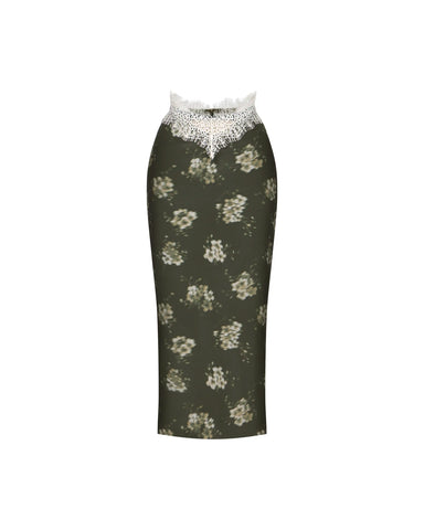 Faria midi, khaki crepe de chine midi skirt with ivory flowers