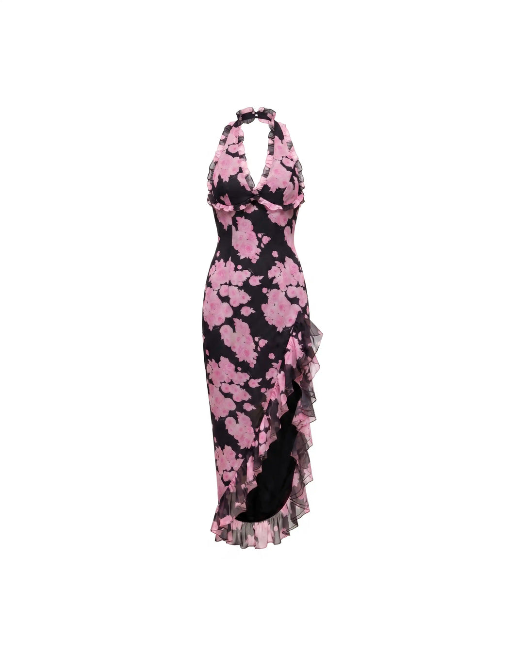 Quora midi, black chiffon midi dress with large pink flowers