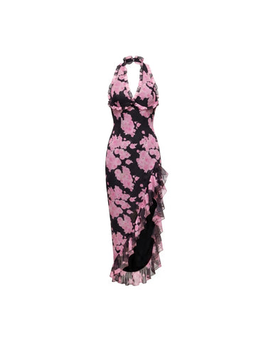 Quora midi, black chiffon midi dress with large pink flowers