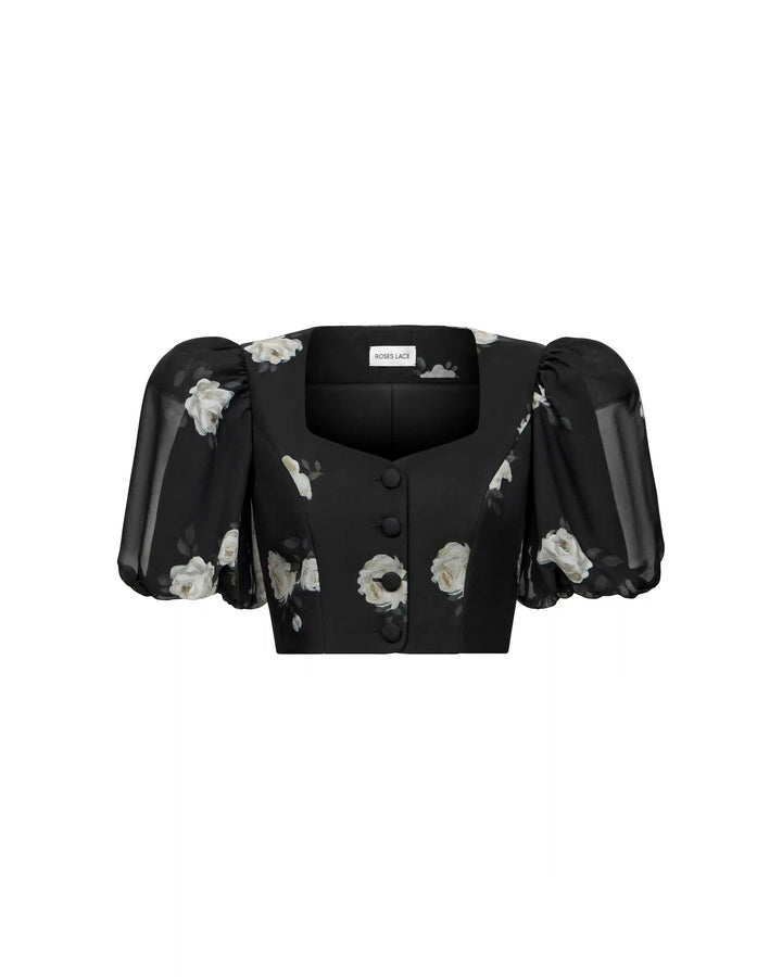 Chanelle, top made of black chiffon with a floral print