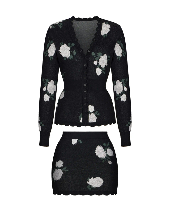 Lana-Tracy, knitted set with mini skirt made of black cotton with floral print