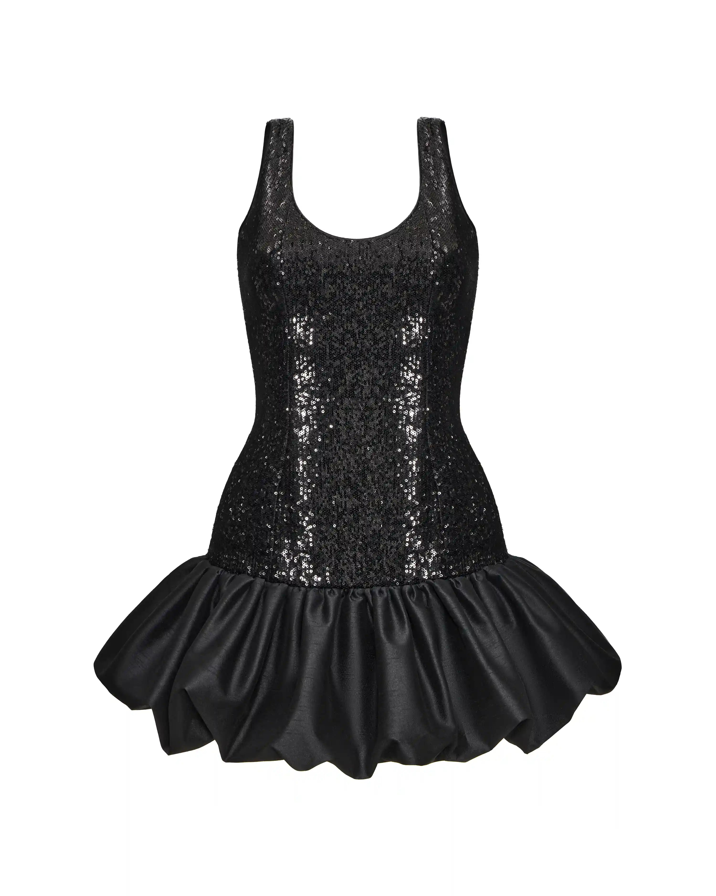 Lilian mini, mini dress with a black sequin bodice and a balloon skirt in black taffeta