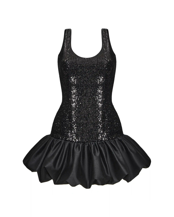 Lilian mini, mini dress with a black sequin bodice and a balloon skirt in black taffeta