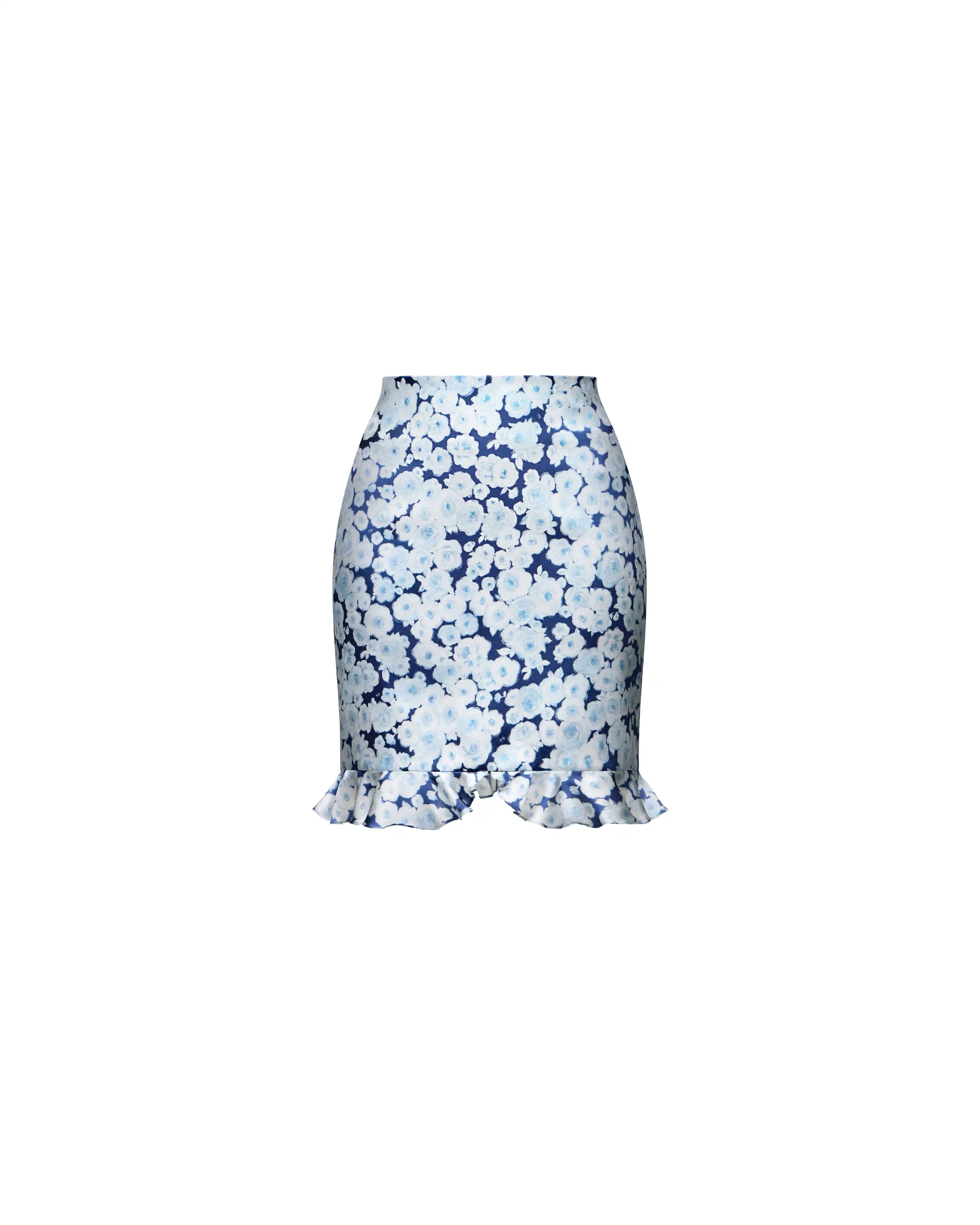 Mona, mini skirt in blue satin with medium blue flowers