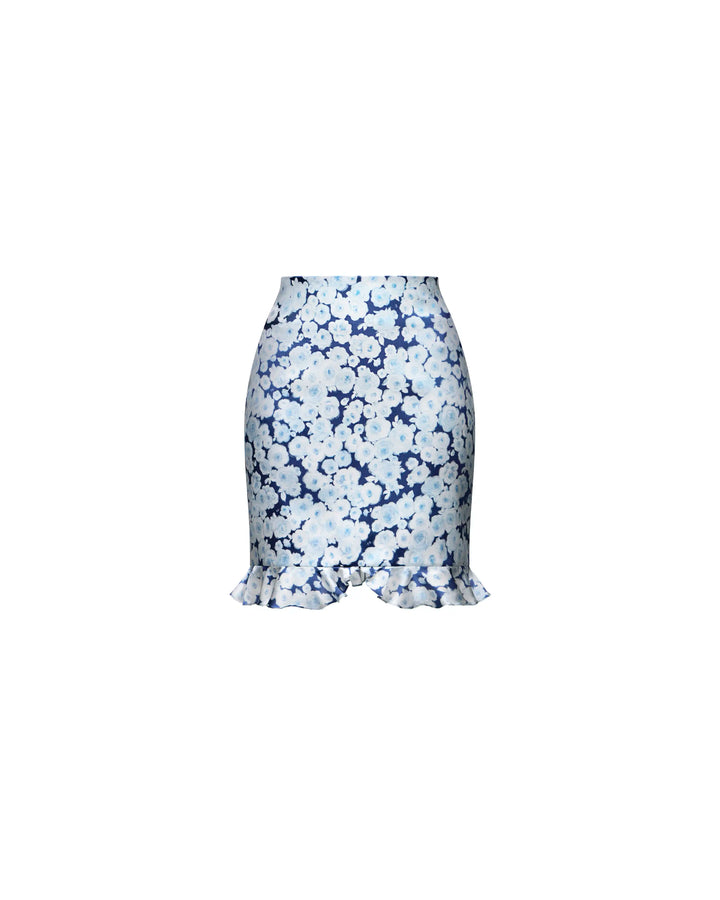 Mona, mini skirt in blue satin with medium blue flowers
