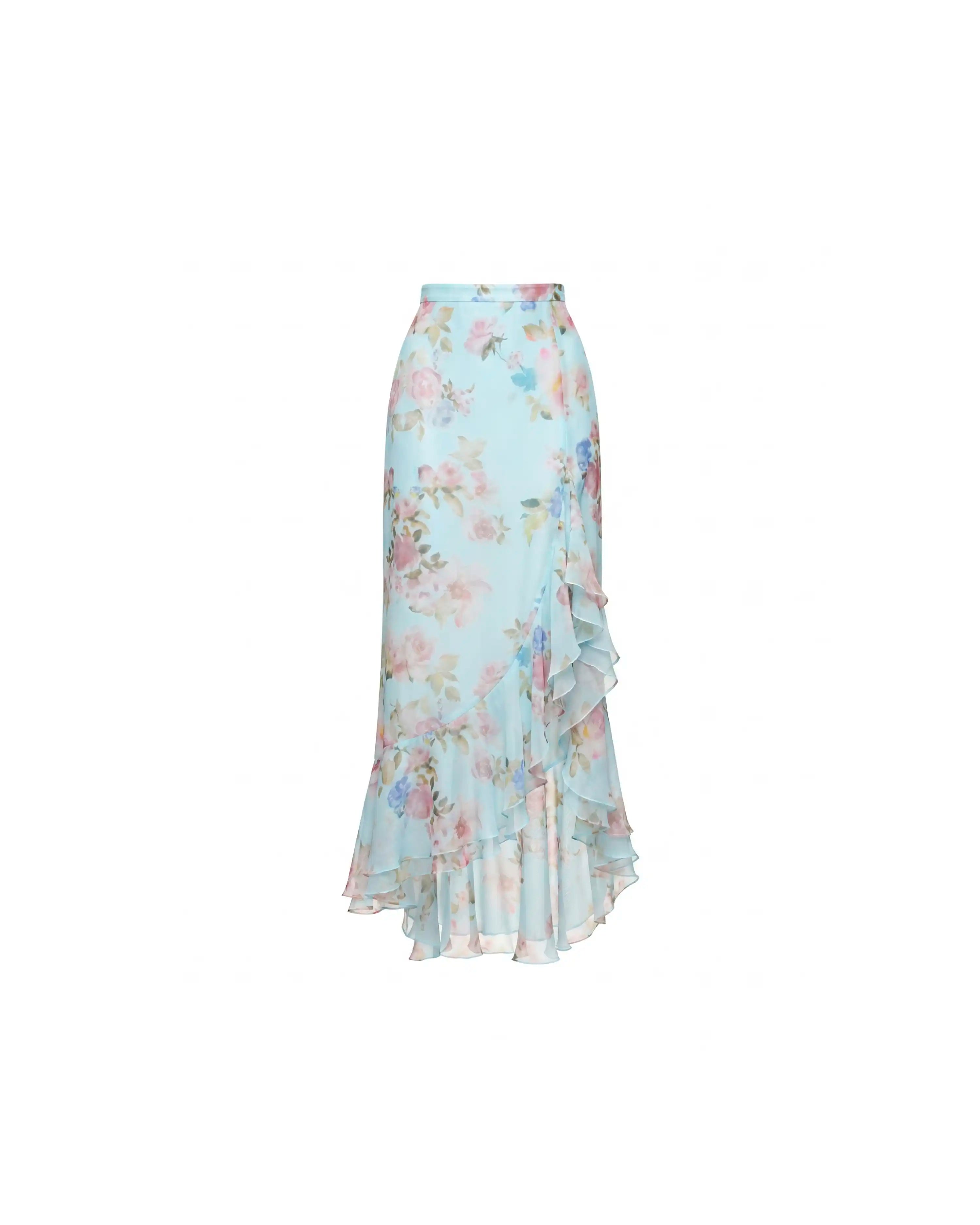 Carmen, midi skirt in blue chiffon with a floral print