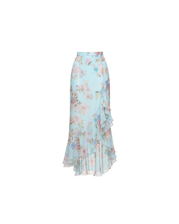 Carmen, midi skirt in blue chiffon with a floral print