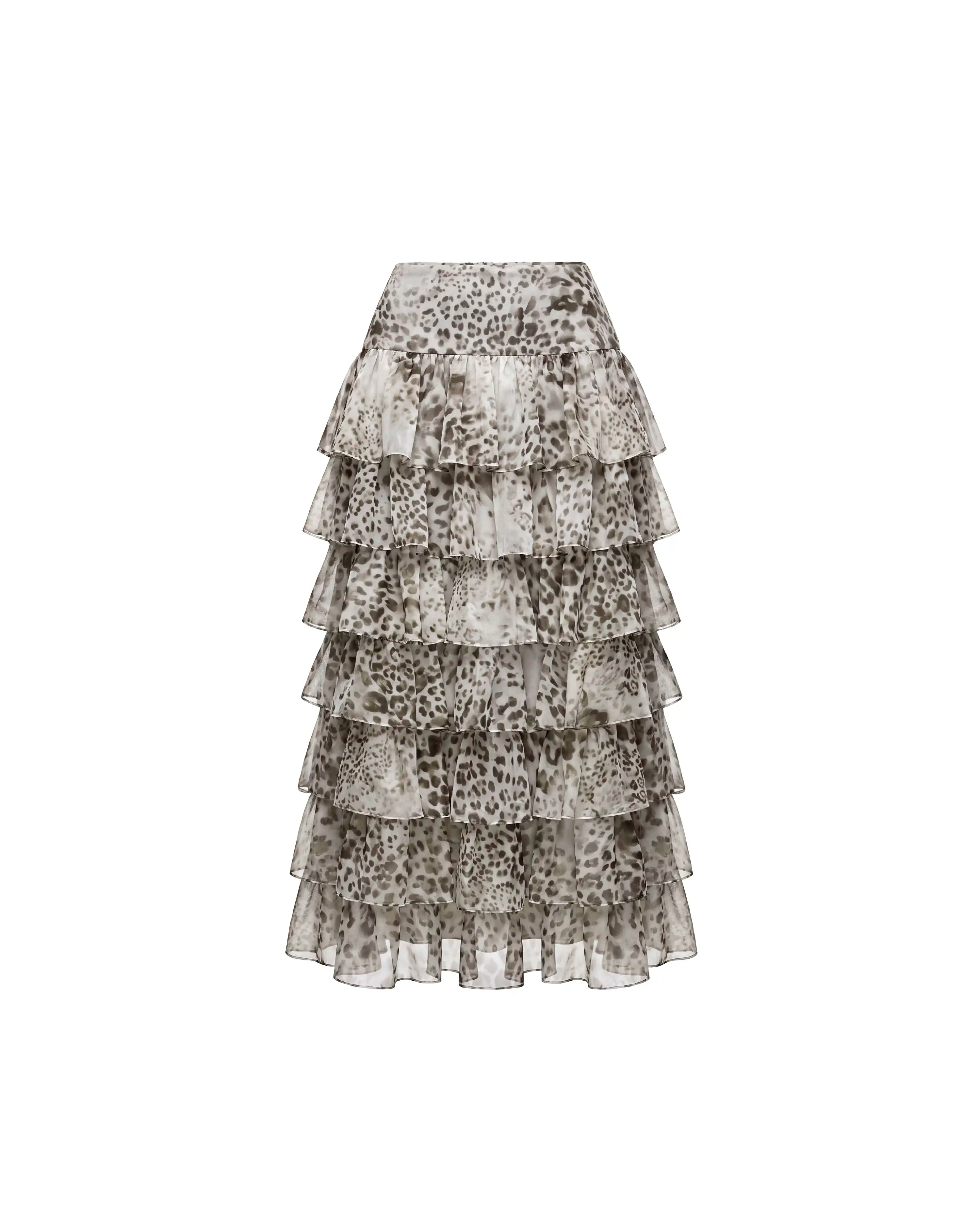 Carmelita midi, ivory chiffon midi skirt with animal print